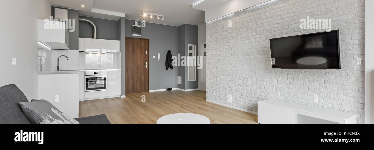 Panorama Of Open Living Room With Tv Couch Brick Wall And Small