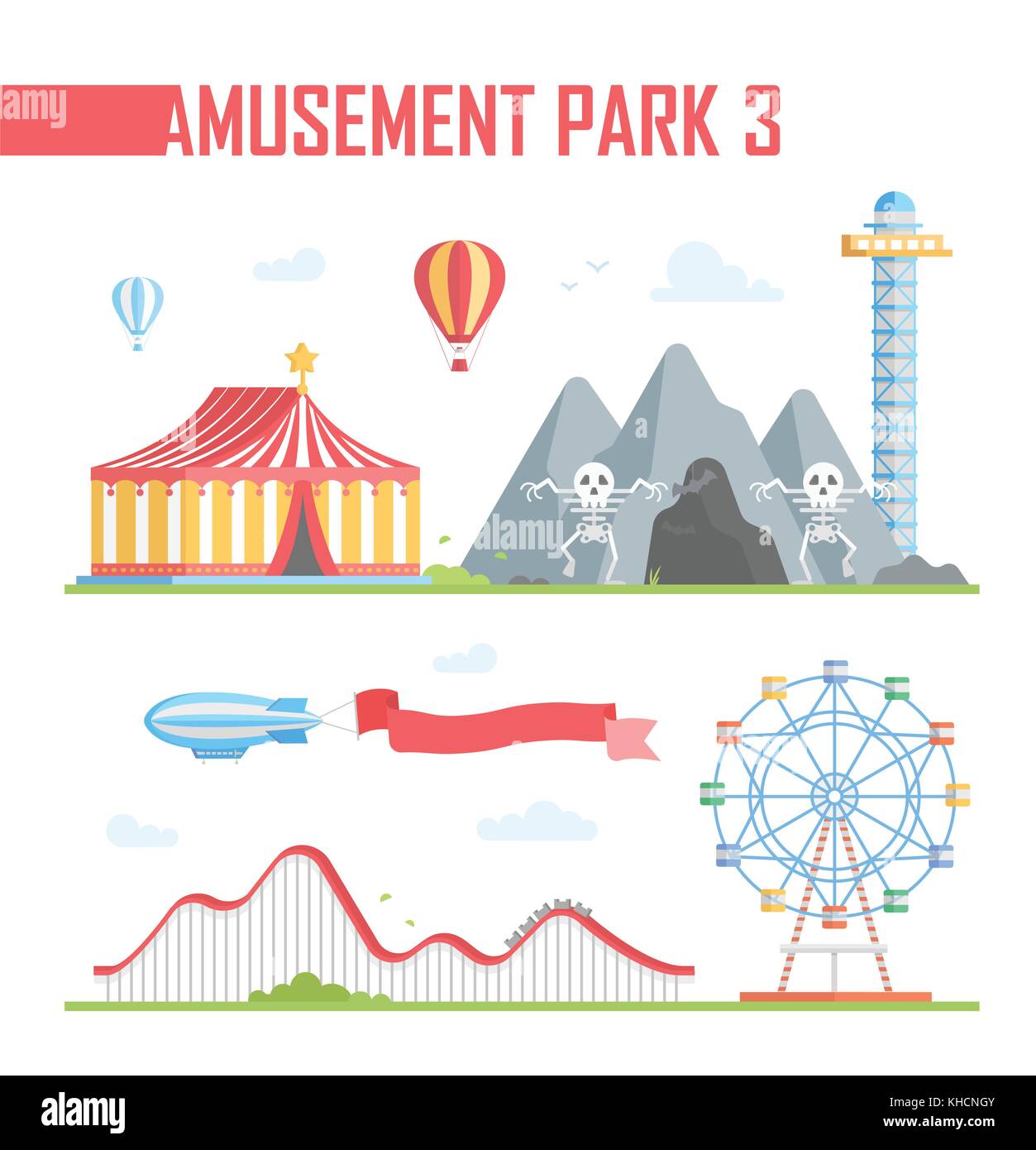 Set of amusement park elements modern vector illustration Stock