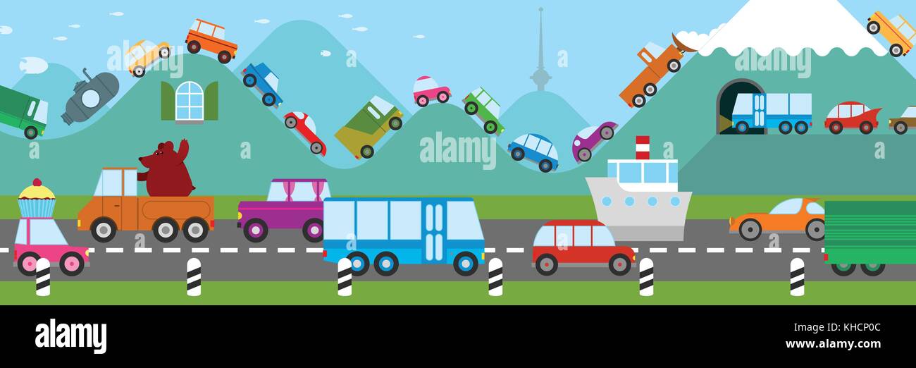 Cartoon illustration of traffic on a freeway and a long line of vehicles forming a traffic jam along the crests of the hills and mountains Stock Vector