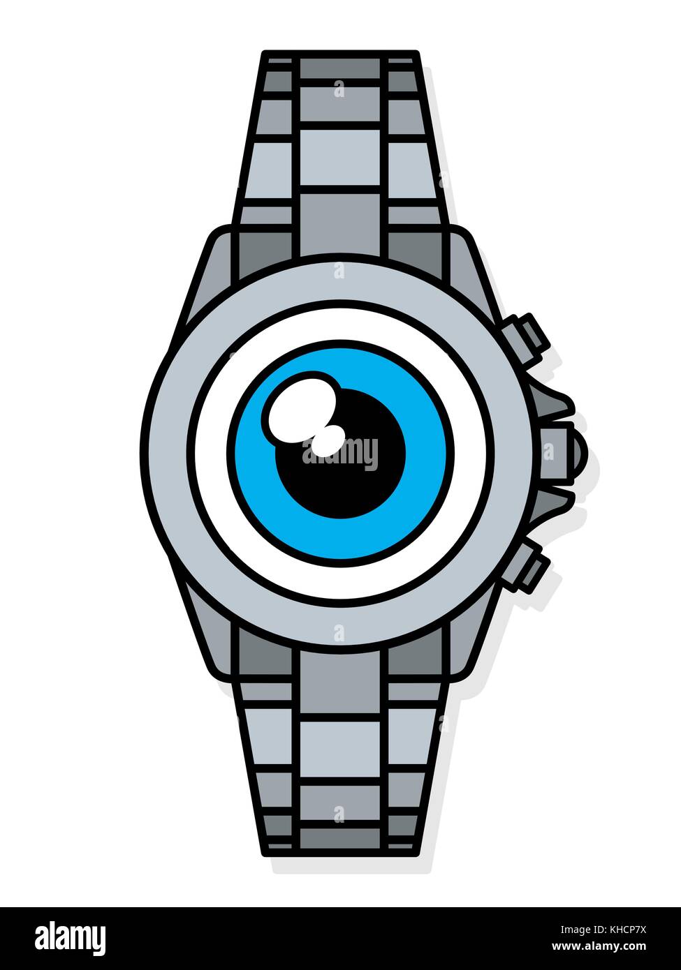 Single staring wide blue eye on face of single metal wristwatch smart watch vector over white background Stock Vector