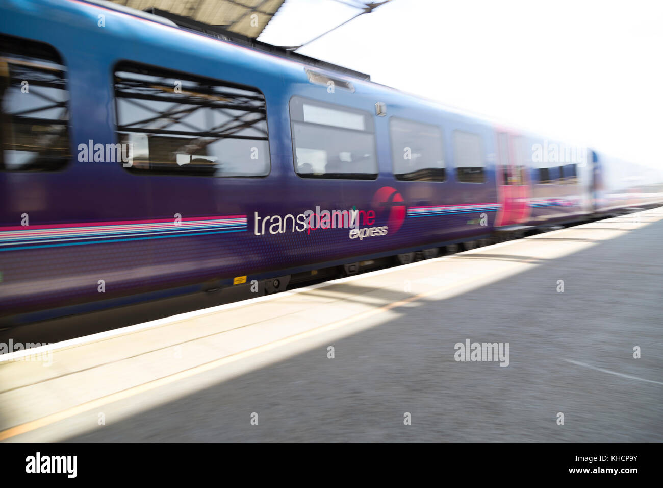 Trans Pennine express signage on train at Huddersfield station. Stock Photo