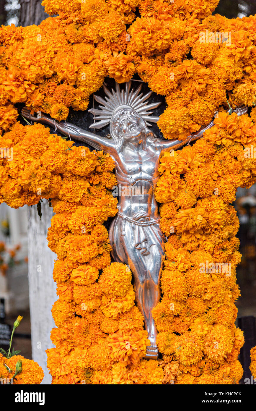 An elaborate floral decoration on a gravesite during the Day of the Dead festival October 31