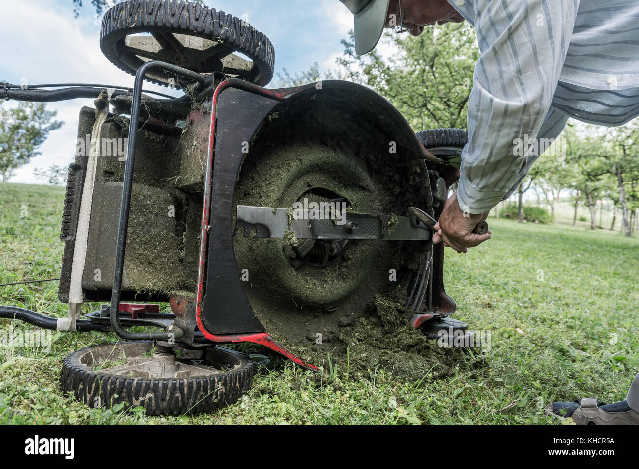 Man cleaning lawn mower blade Stock Photo Alamy