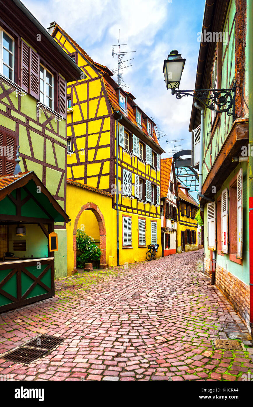 Colmar, Petit Venice, street and traditional half timbered colorful houses. Alsace, France. Stock Photo