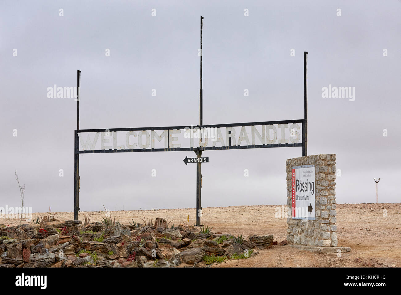 Welcome to Arandis and Rio Tinto Rossing Uranium Mine signs in Namib Desert near Arandis, Namibia, Africa Stock Photo