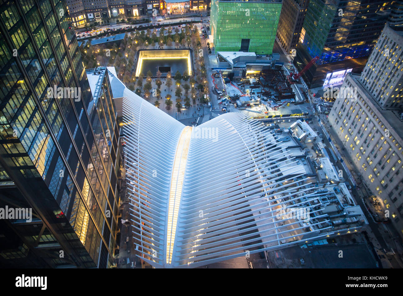Night View of The World Trade Center in lower Manhattan seen from above with buildings and Oculus in view Stock Photo
