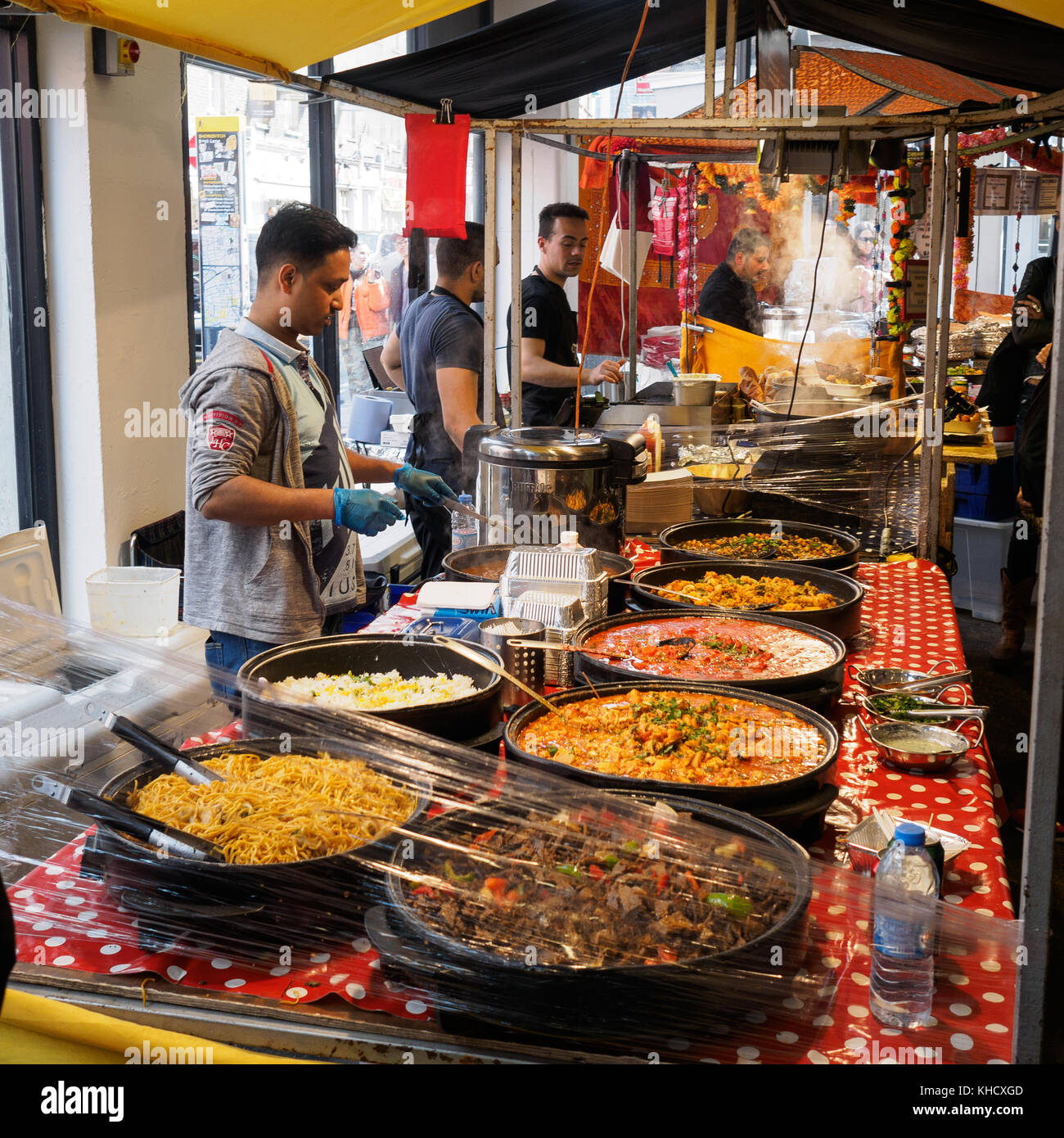 Indian street food stall in Brick Lane Market. London 2017. Square format. Stock Photo