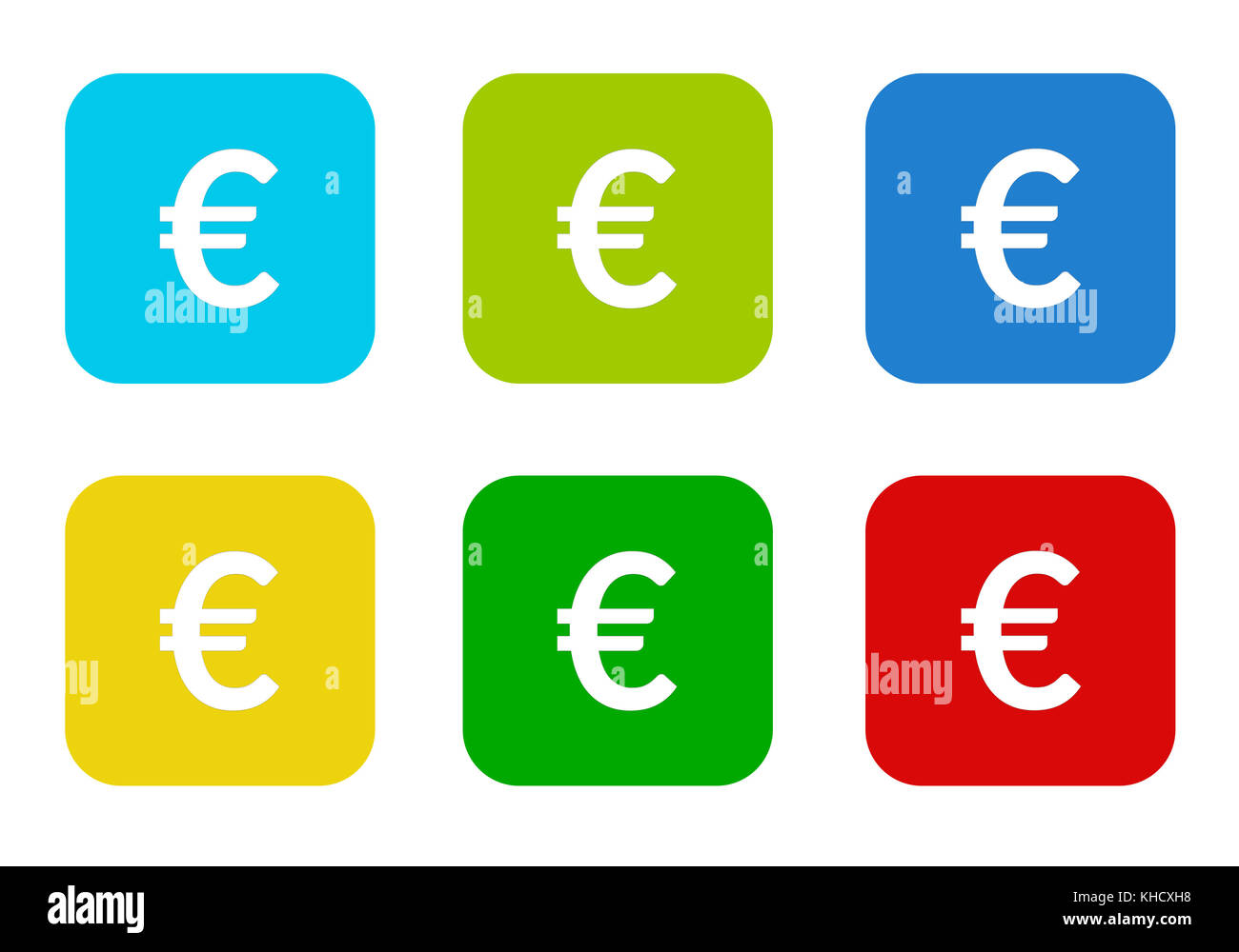 Set of rounded square colorful flat icons with euro symbol in blue ...