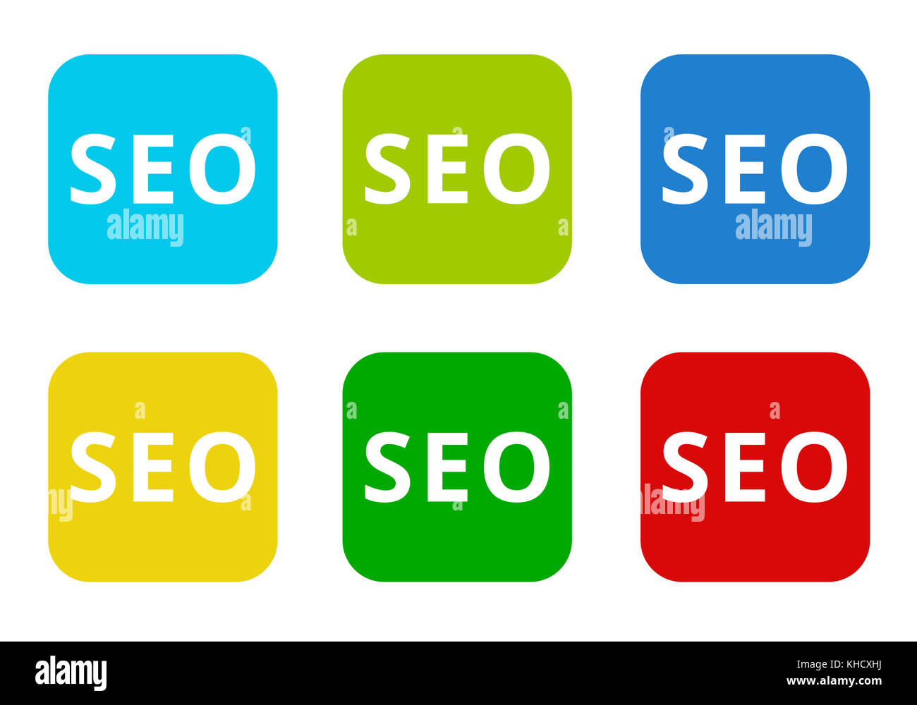 Set of rounded square colorful flat icons with the word SEO in blue ...