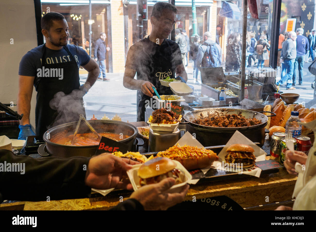 Street food stall in Brick Lane Market. London 2017. Landscape format. Stock Photo