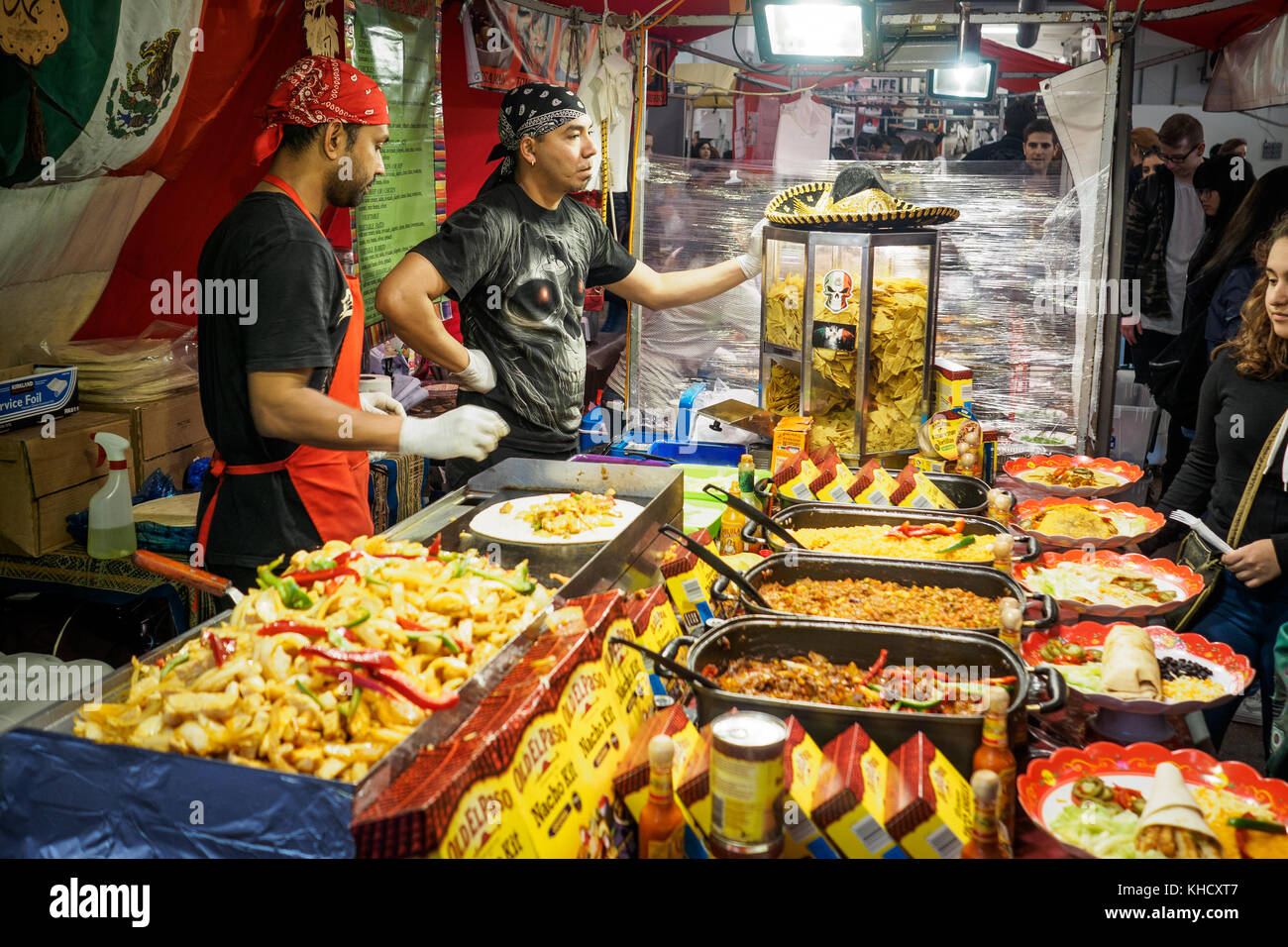 Mexican street food stall in Brick Lane Market. London 2017. Landscape format. Stock Photo