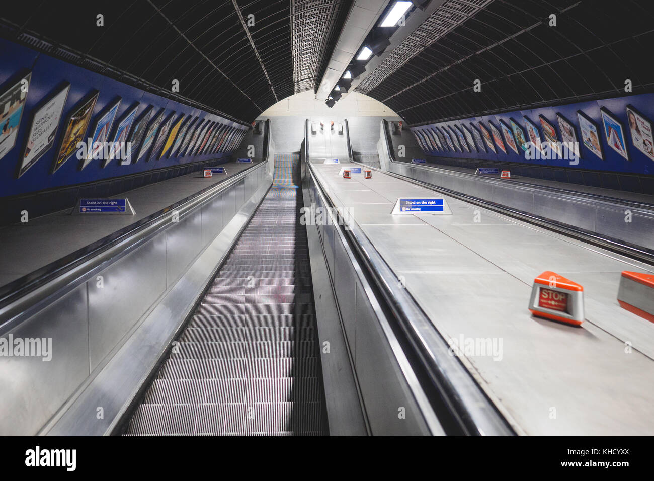 Empty Underground escalators in London Bridge station. London, 2017. Landscape format. Stock Photo