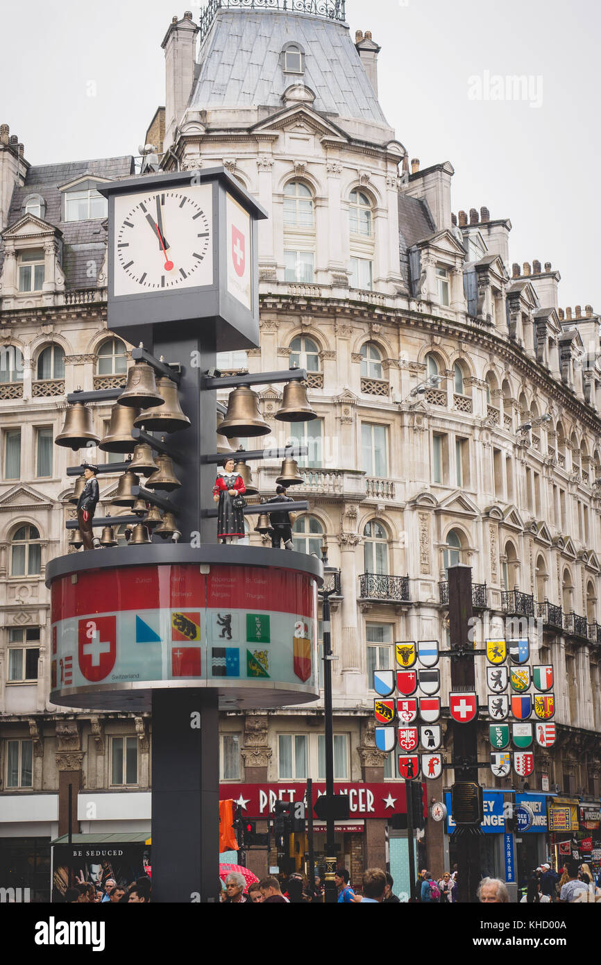 Swiss Glockenspiel (chime) clock in Leicester Square. London, 2017. Portrait format. Stock Photo