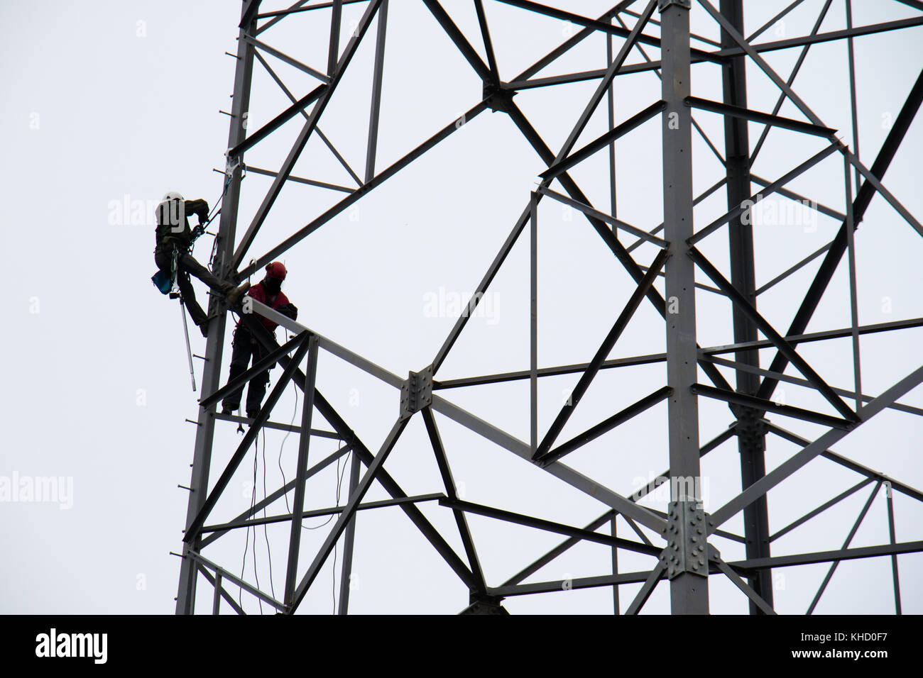 workers on the energy pole. A grid of newly installed energy pole with employees. autumn season Stock Photo