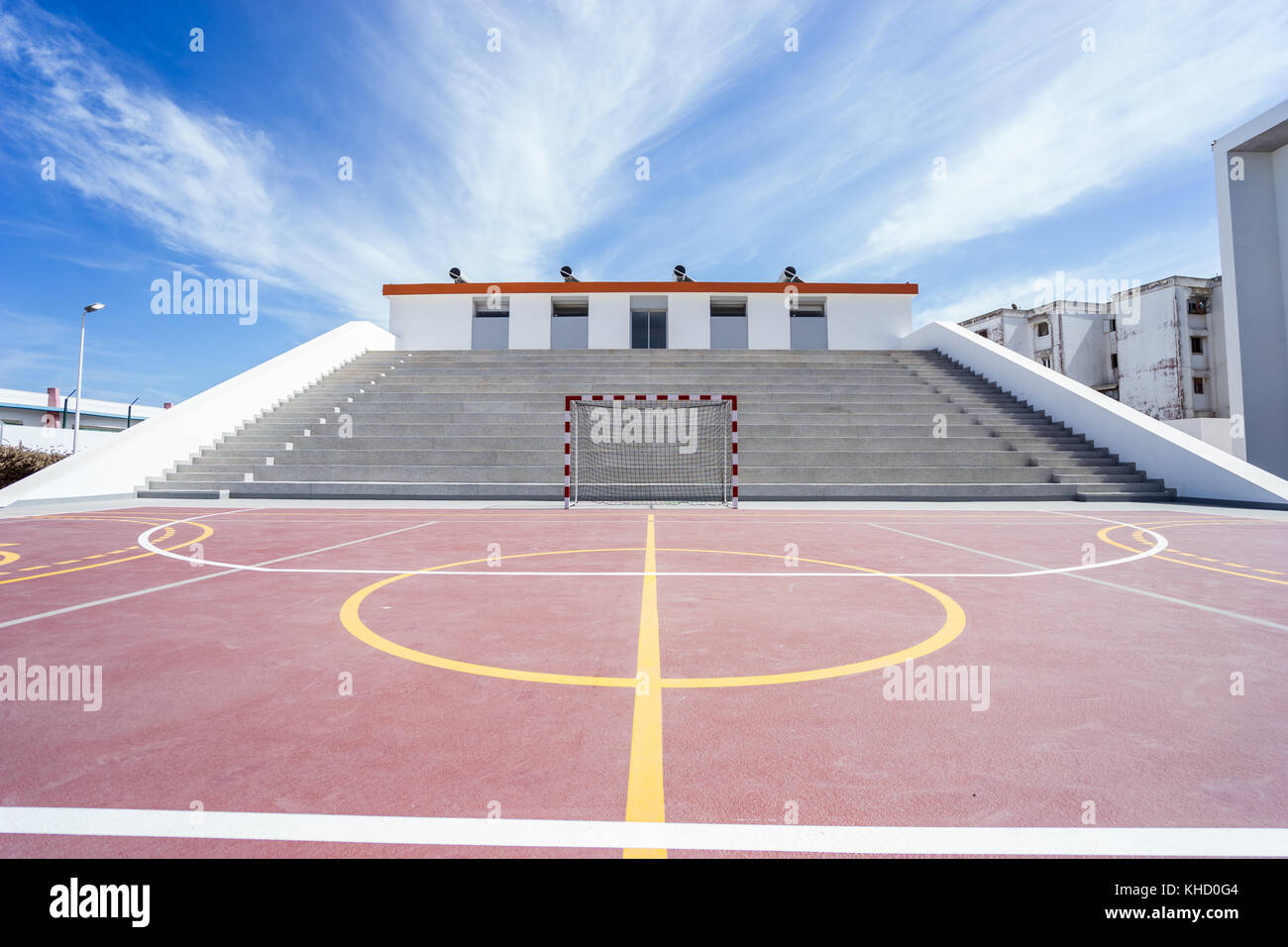 Handball, basketball and soccer field in front of stairs Stock Photo