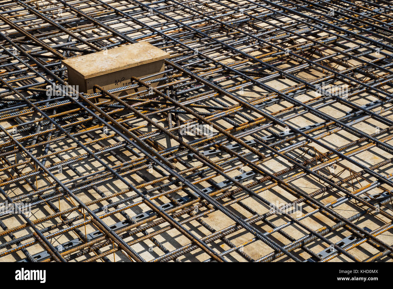 Reinforcement bars of an RC slab in a construction site. Stock Photo