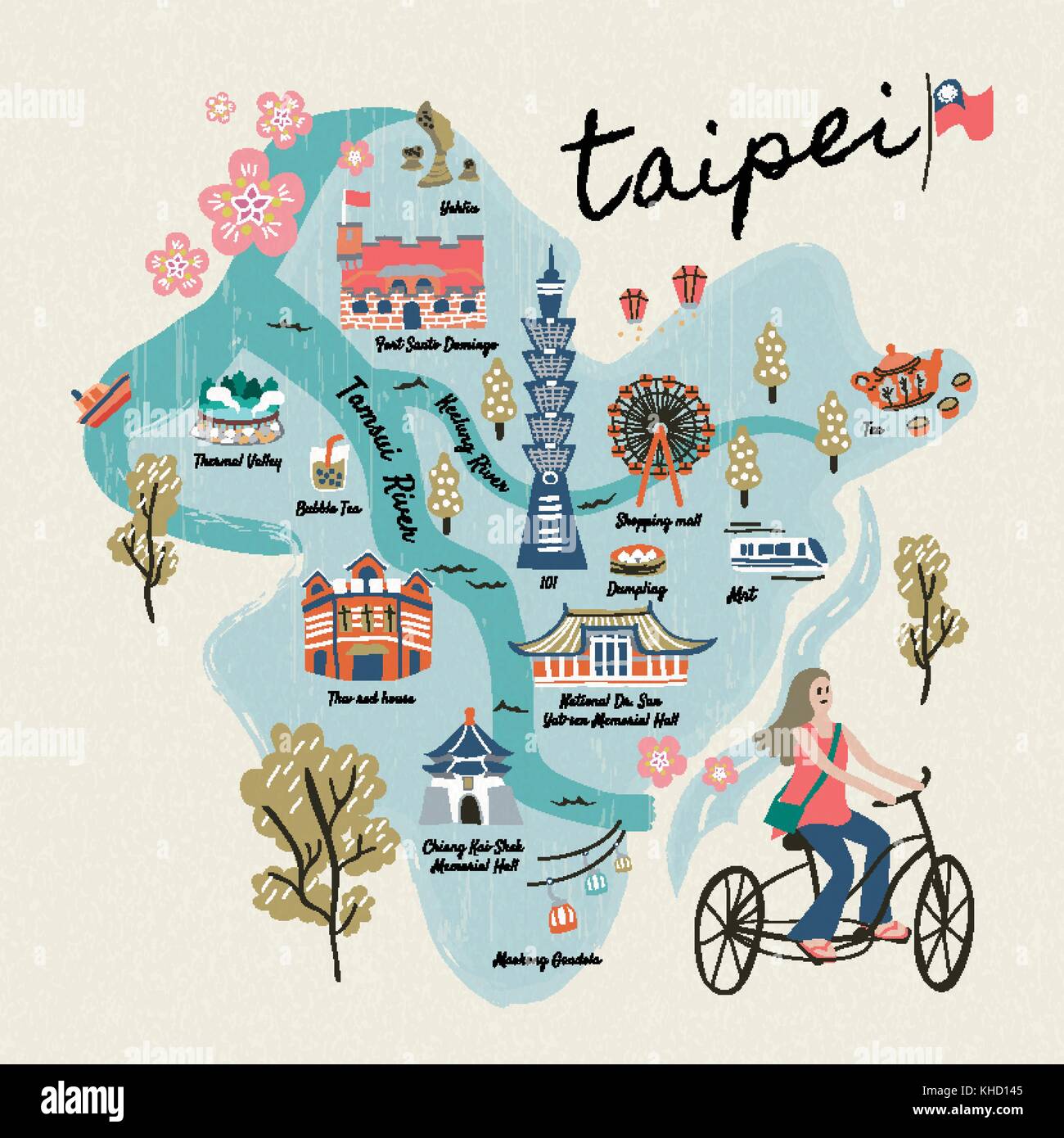 Taiwan Travel Symbols Collection Hand Drawn Style Famous Attractions 