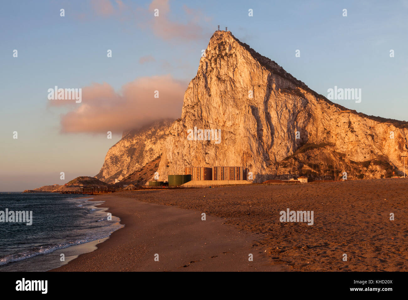 Panorama of Gibraltar Rock at sunrise. Gibraltar. Stock Photo
