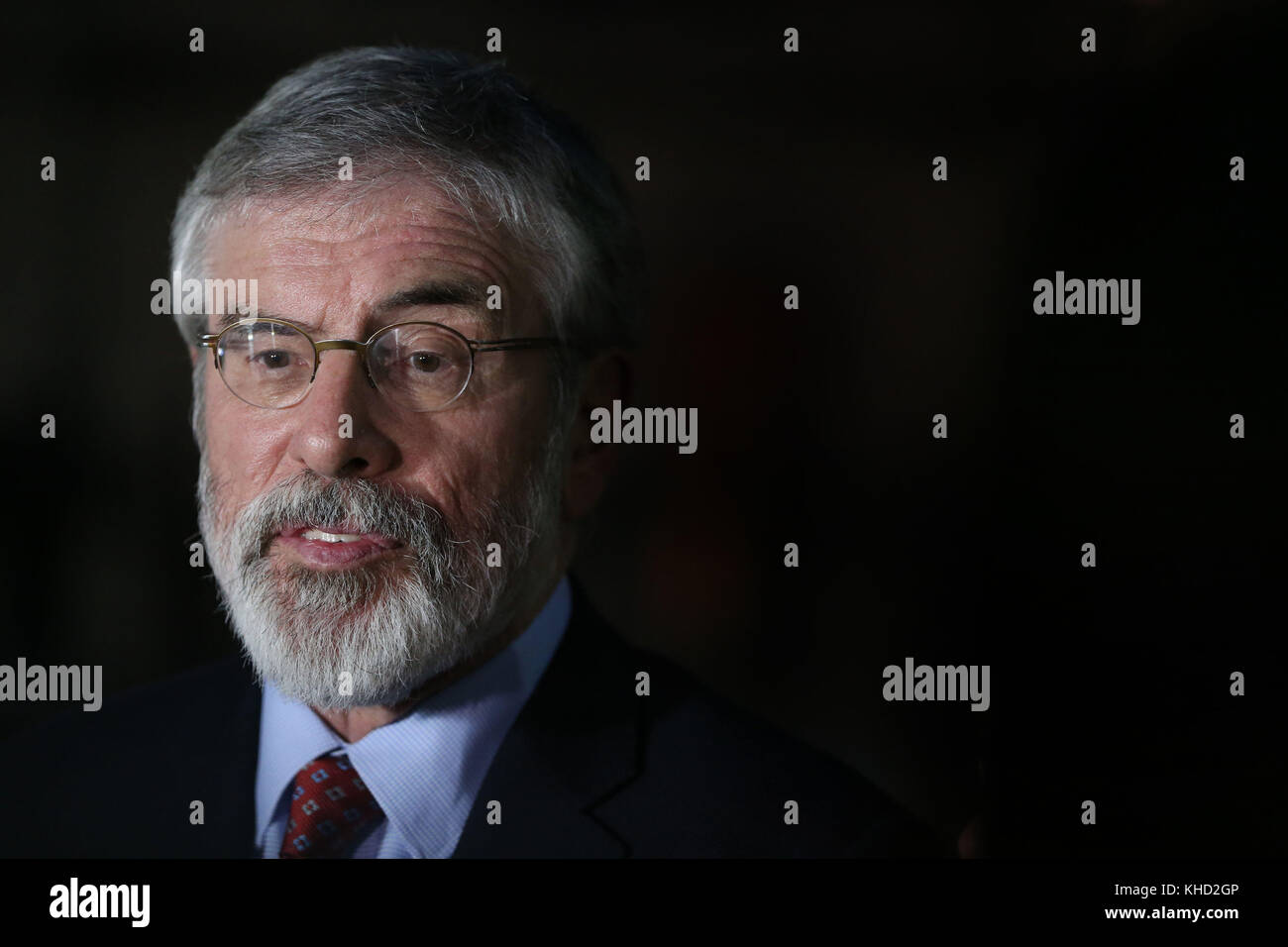 Sinn Fein's party president Gerry Adams speaking to the media at Leinster House ahead of a meeting about powersharing. Mr Adams has insisted that a deal can still be reached with the DUP to restore powersharing at Stormont. Stock Photo
