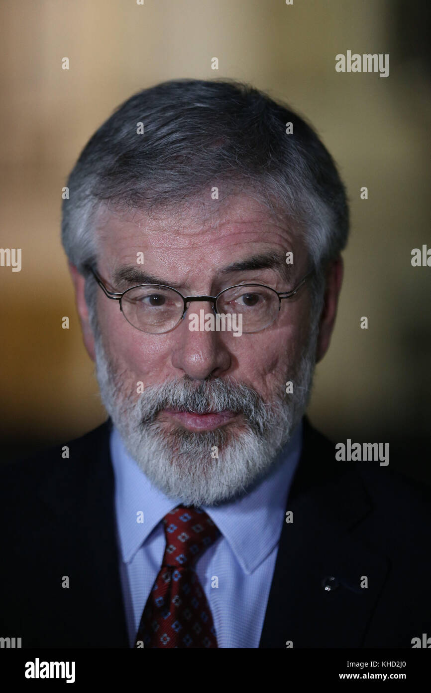 Sinn Fein's party president Gerry Adams speaking to the media at Leinster House ahead of a meeting about powersharing. Mr Adams has insisted that a deal can still be reached with the DUP to restore powersharing at Stormont. Stock Photo