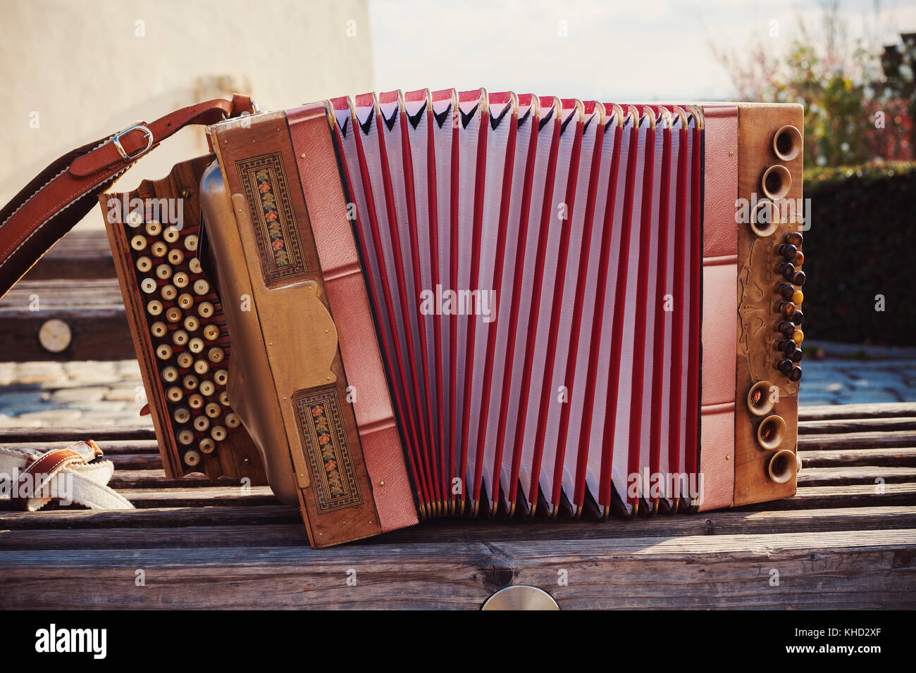 One old Austrian accordion, details of decoration. Stock Photo