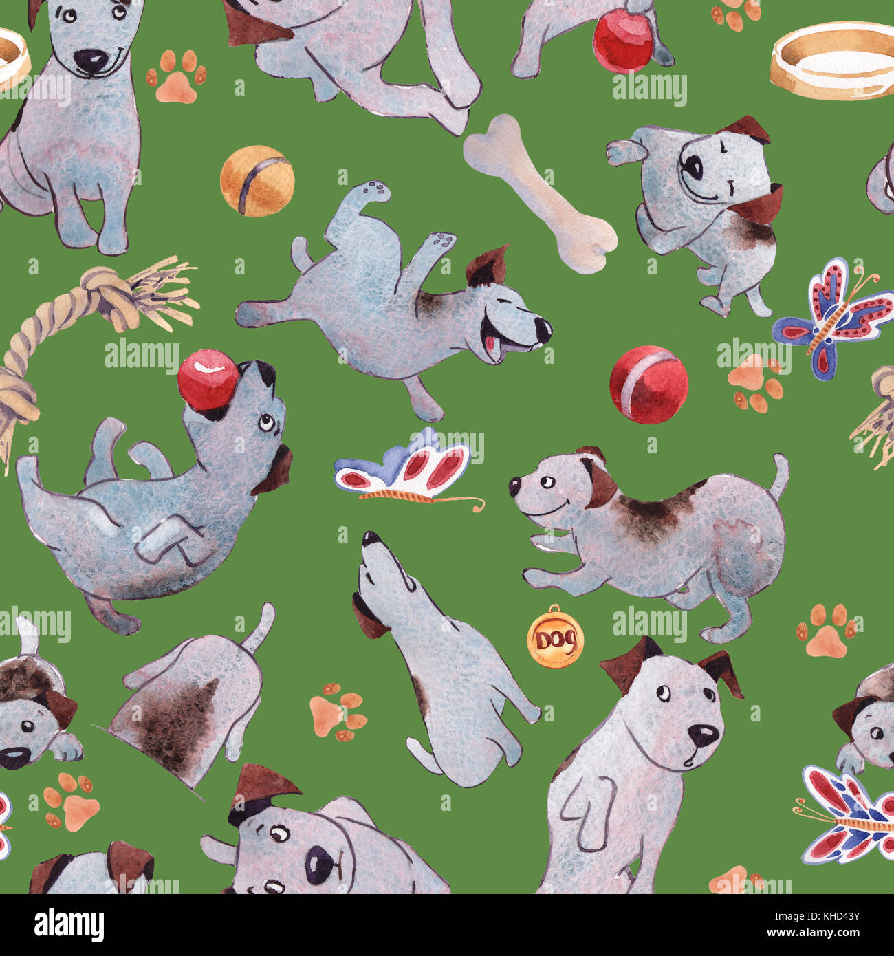 Puppy dog playing with ball hand drawing watercolor seamless pattern ...