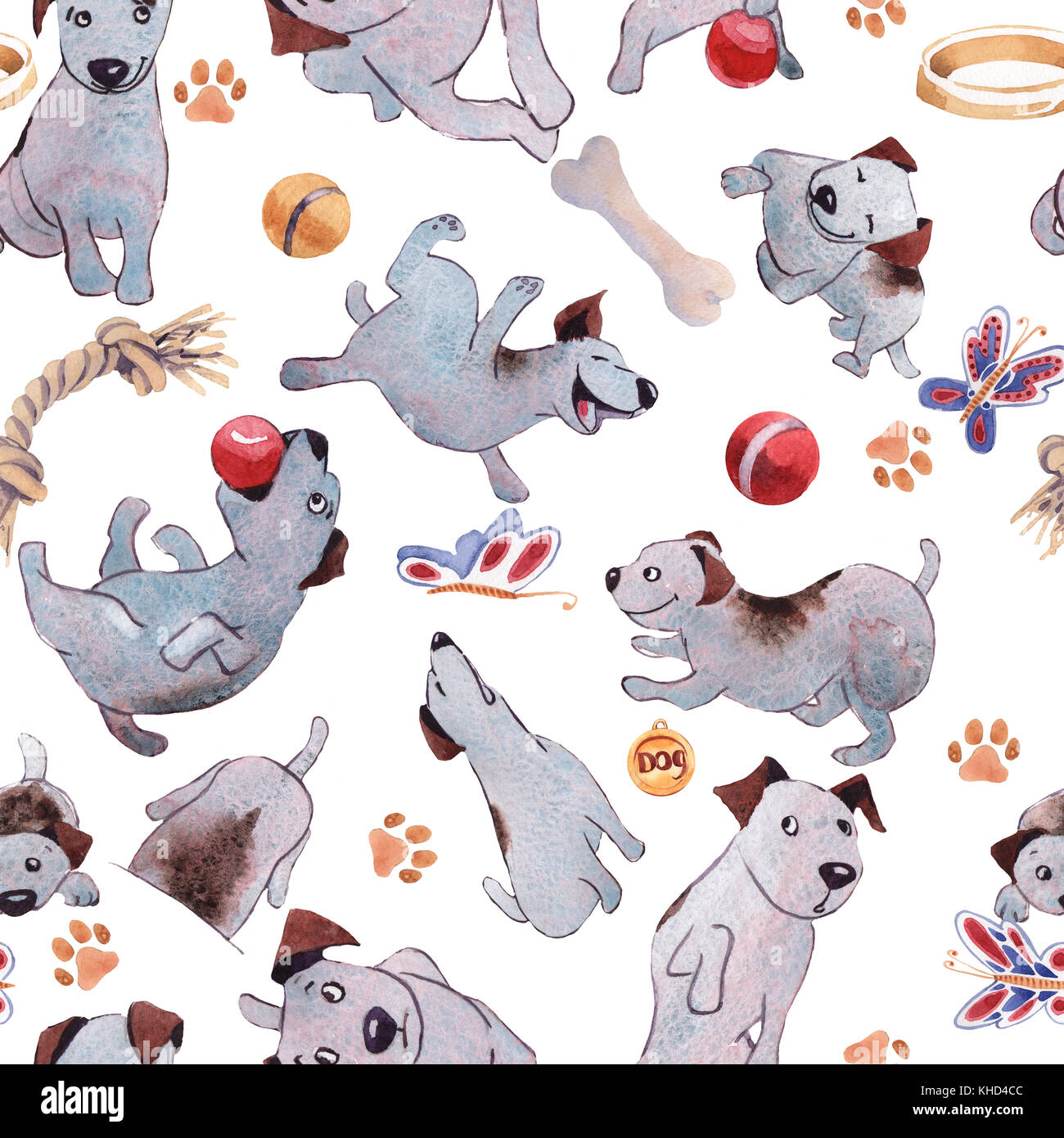 Puppy dog playing with ball hand drawing watercolor seamless pattern ...