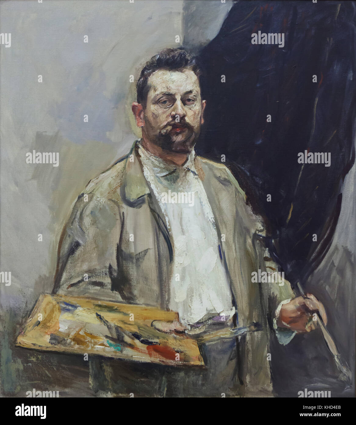 German Impressionist painter Max Slevogt. Detail of the painting 'Self-portrait with the Palette' (1906) by German Impressionist painter Max Slevogt on display in the Museum der bildenden Künste (Museum of Fine Arts) in Leipzig, Saxony, Germany. Stock Photo