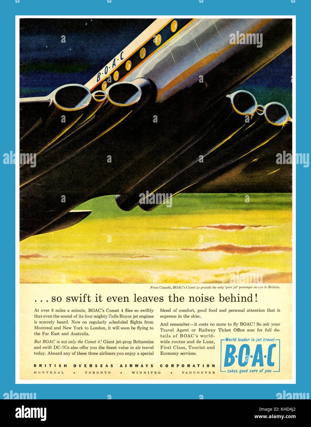 COMET 4 Airliner BOAC Airline 1950’s Vintage press ad for the Rolls Royce jet engine Comet 4 Stock Photo