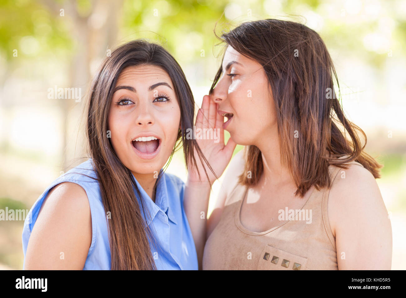 Two Beautiful Ethnic Twin Sisters Whispering Secrets Outdoors. Stock Photo