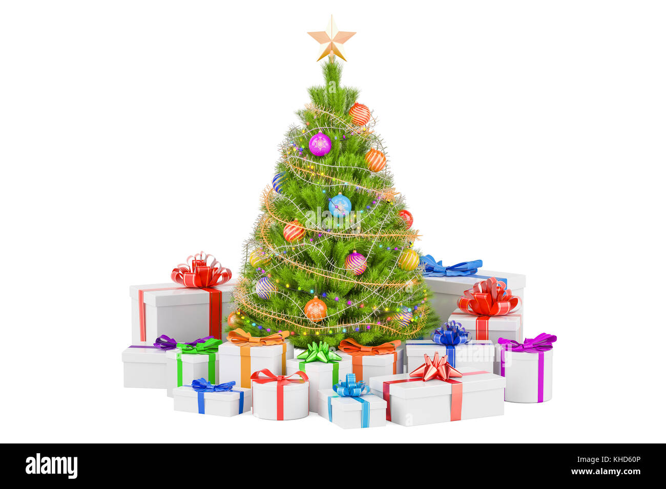 Christmas tree and gift boxes, 3D rendering isolated on white ...