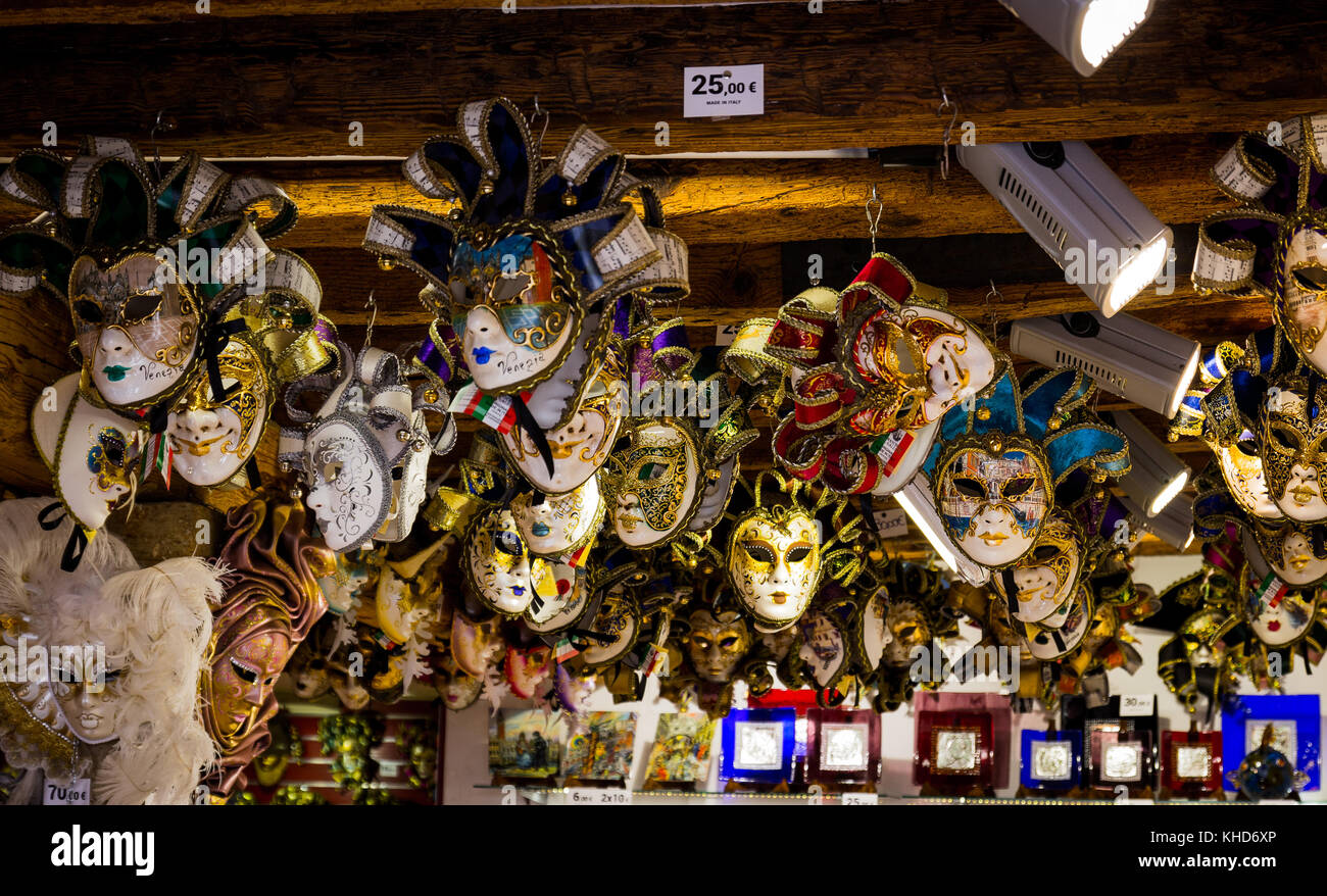 Traditional venetian mask in store on street, Venice Italy Stock Photo