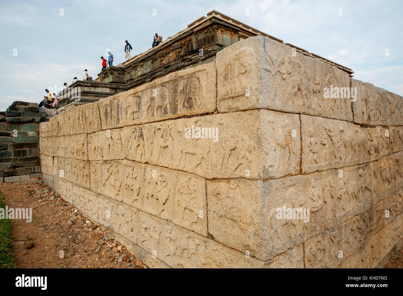Stone wall at Pushkarni tank in Hampi, Karnataka, India Stock Photo