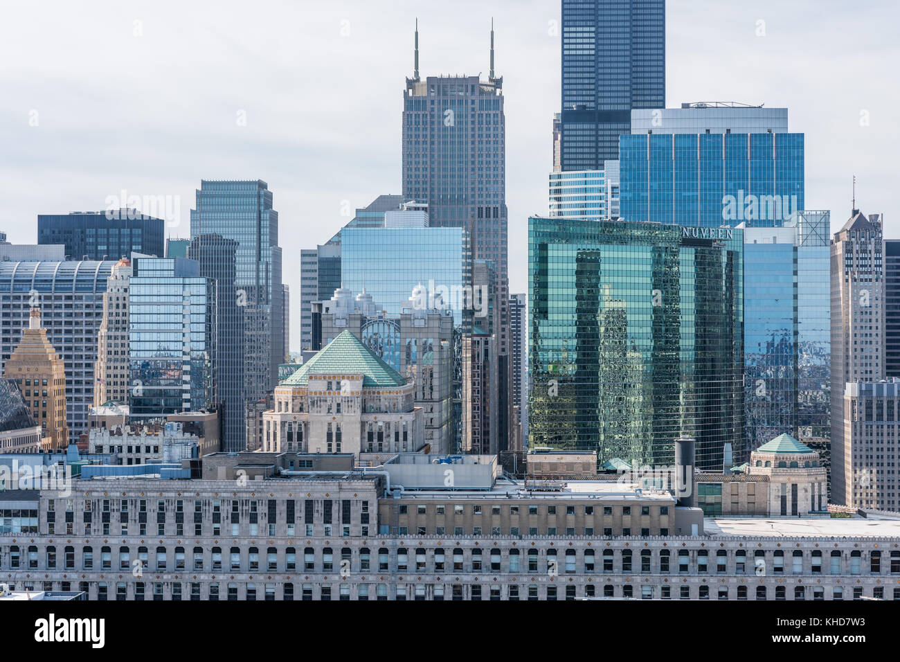 Highrise buildings in Chicago skyline seen from River North. Stock Photo