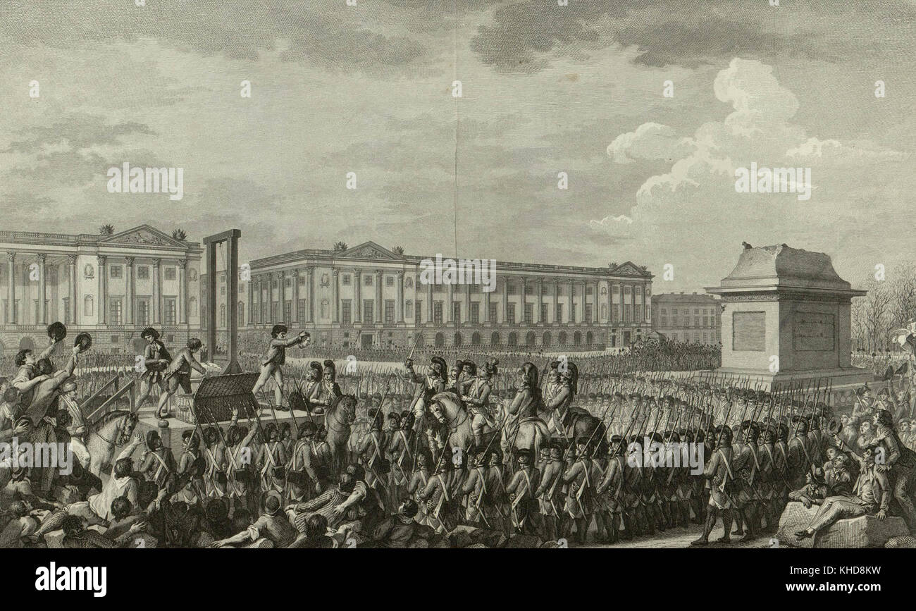 Execution of Louis XVI in what is now the Place de la Concorde, facing the empty pedestal where the statue of his grandfather, Louis XV, had stood. Stock Photo