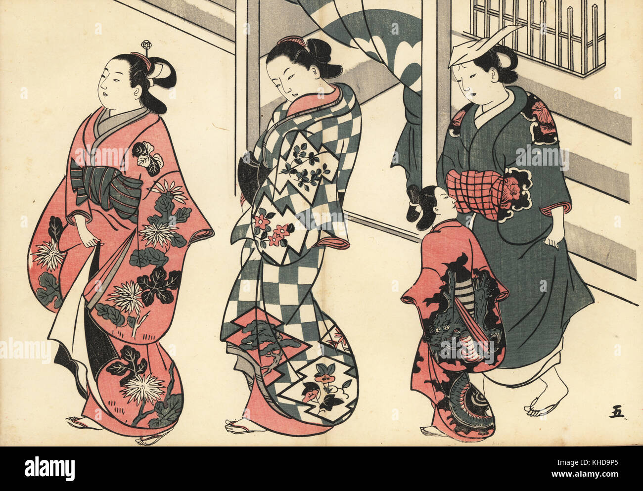 Oiran courtesans and maid (kamuro) walking in the pleasure quarters. Woodblock print by Masanobu
