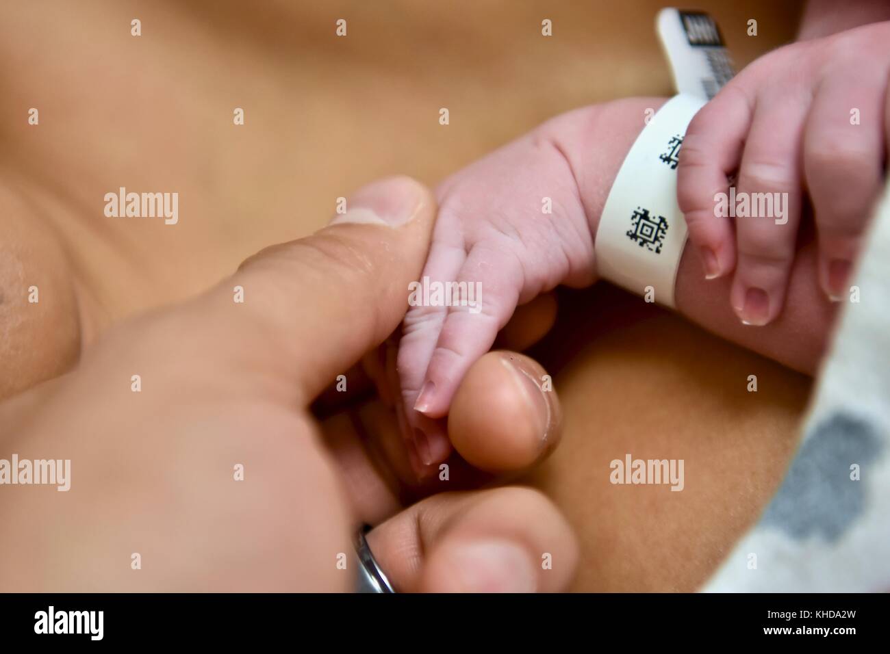 Tiny newborn baby hands Stock Photo