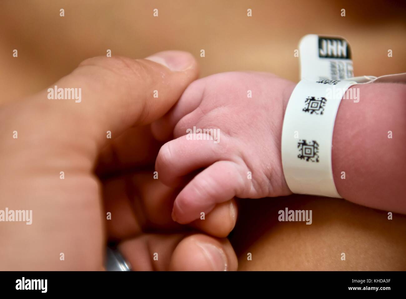 Tiny newborn baby hands Stock Photo