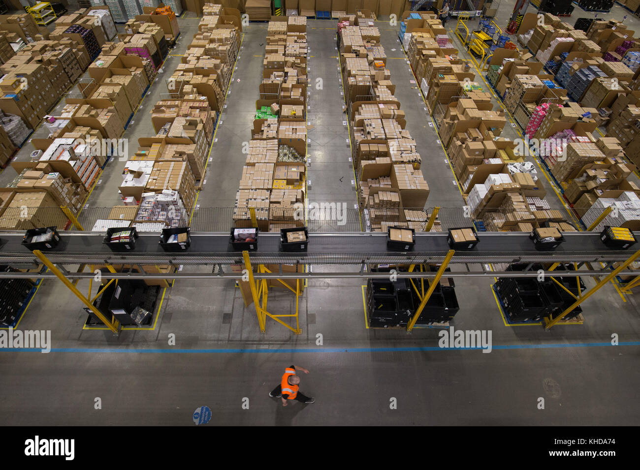 Parcels are processed and prepared for dispatch at Amazon's Fulfilment Centre at Kingston Park in Peterborough as the online retailer prepares for Black Friday. Stock Photo