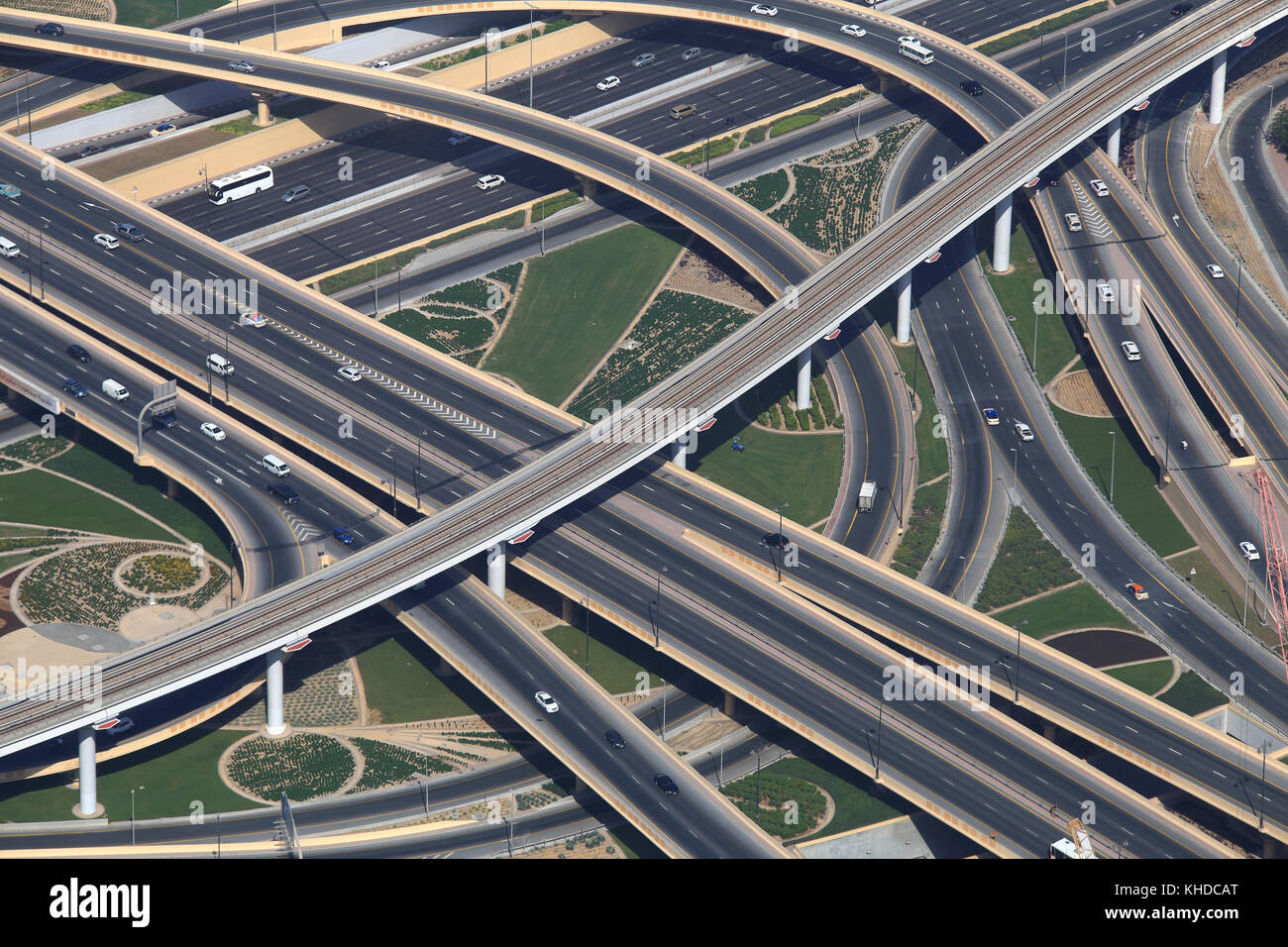 Traffic junction with cars from above. New traffic junction in Dubai