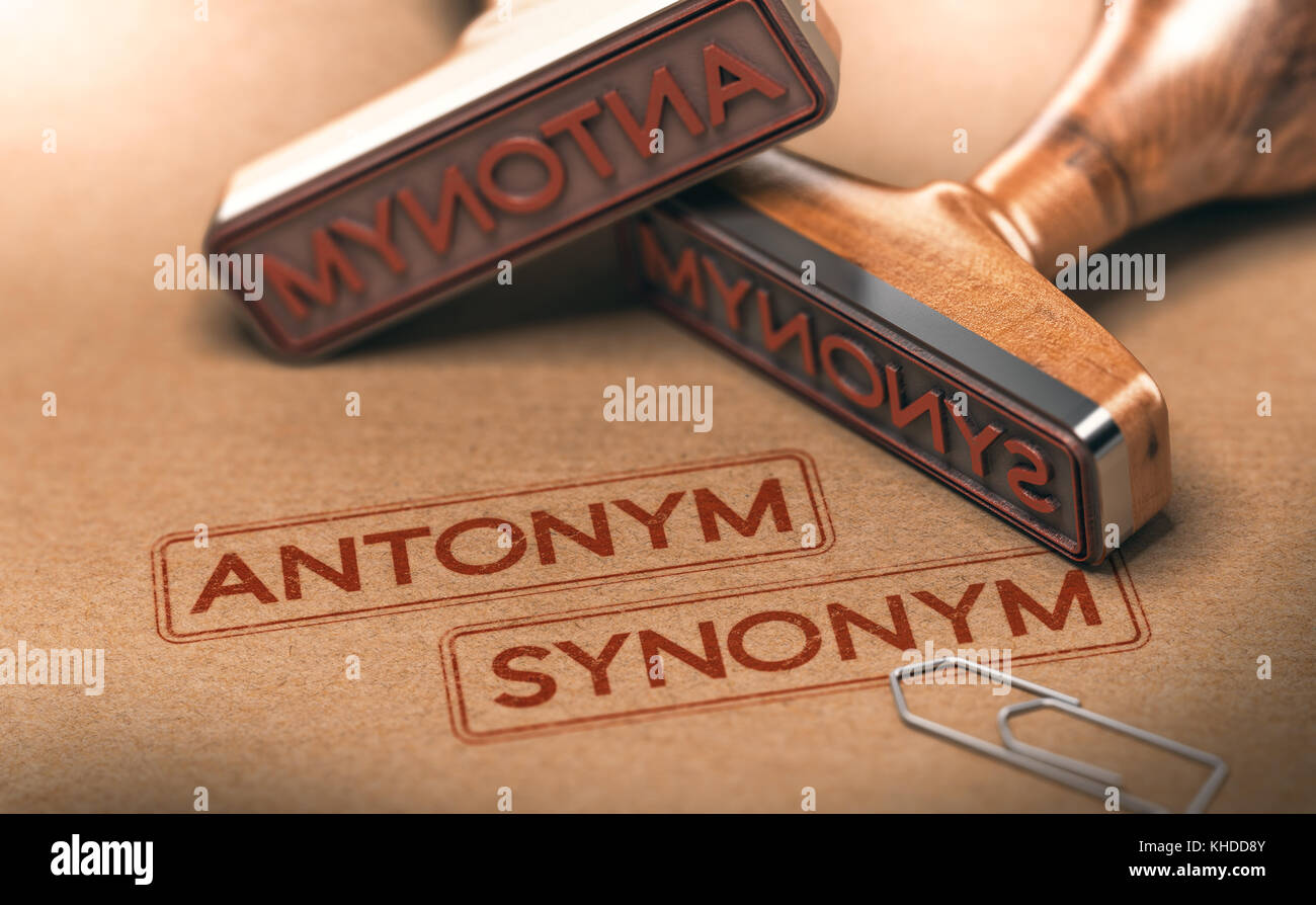 3D illustration of two rubber stamps withe the text antonym and synonym. Linguistics and semantics concept Stock Photo