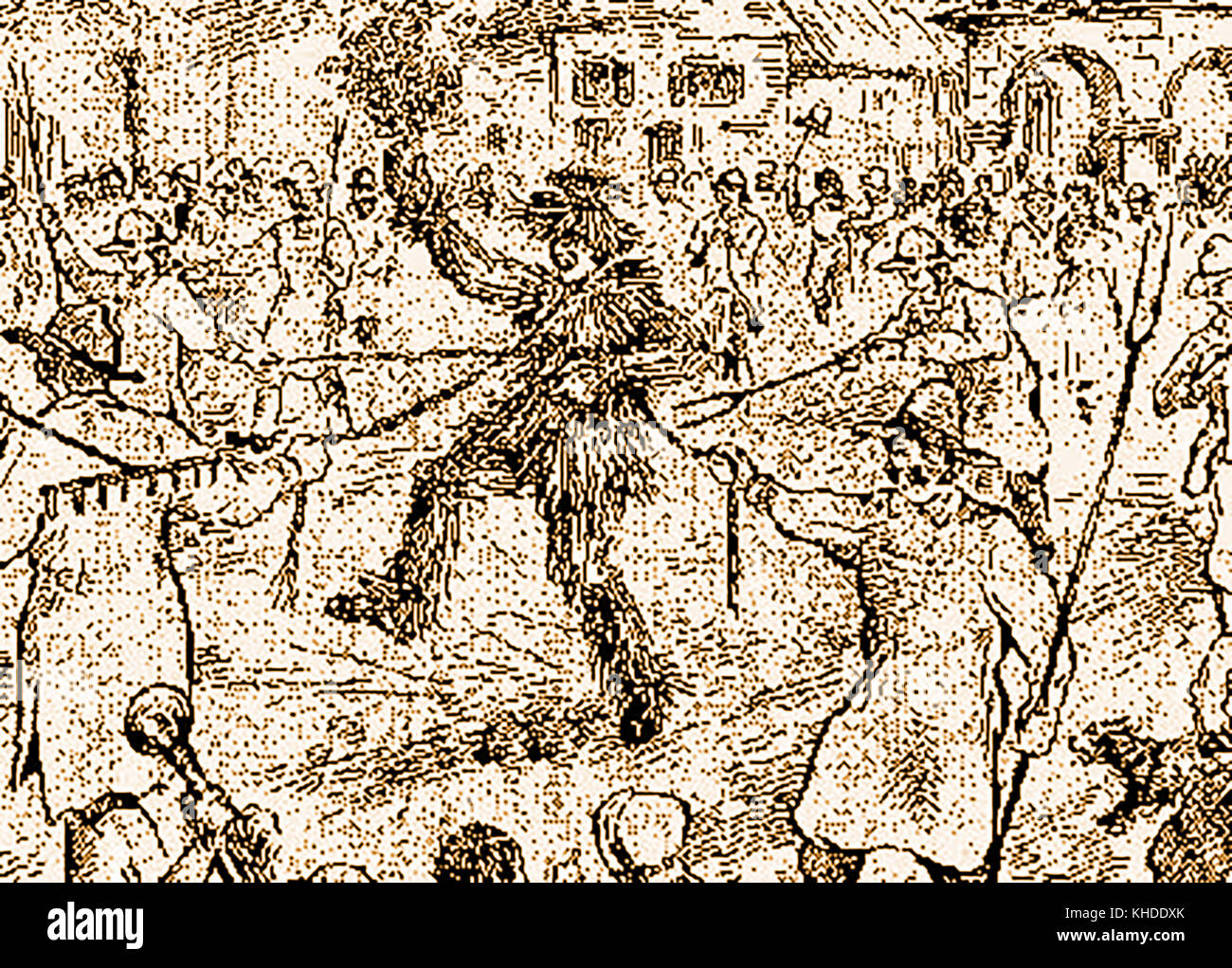 An old printed illustration showing the Ancient Straw Bear ceremony at  Whittlesey, Cambridgeshire, England Stock Photo