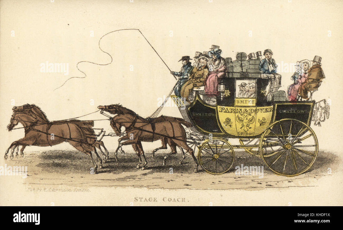 Paris & Dover Stagecoach with four horses, coachman with whip, footman, and passengers inside the carriage and outside. Handcoloured copperplate engraving from William Henry Pyne's The World in Miniature: England, Scotland and Ireland, Ackermann, 1827. Stock Photo