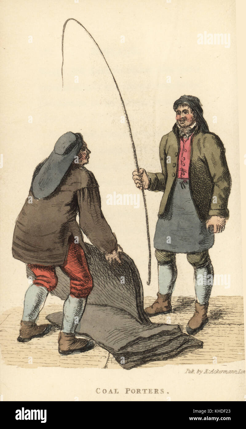 Coal porters with coal sacks and horse whip. They work on the wharf unloading coal, weighing it into sacks and delivering it to coal merchants. Handcoloured copperplate engraving from William Henry Pyne's The World in Miniature: England, Scotland and Ireland, Ackermann, 1827. Stock Photo