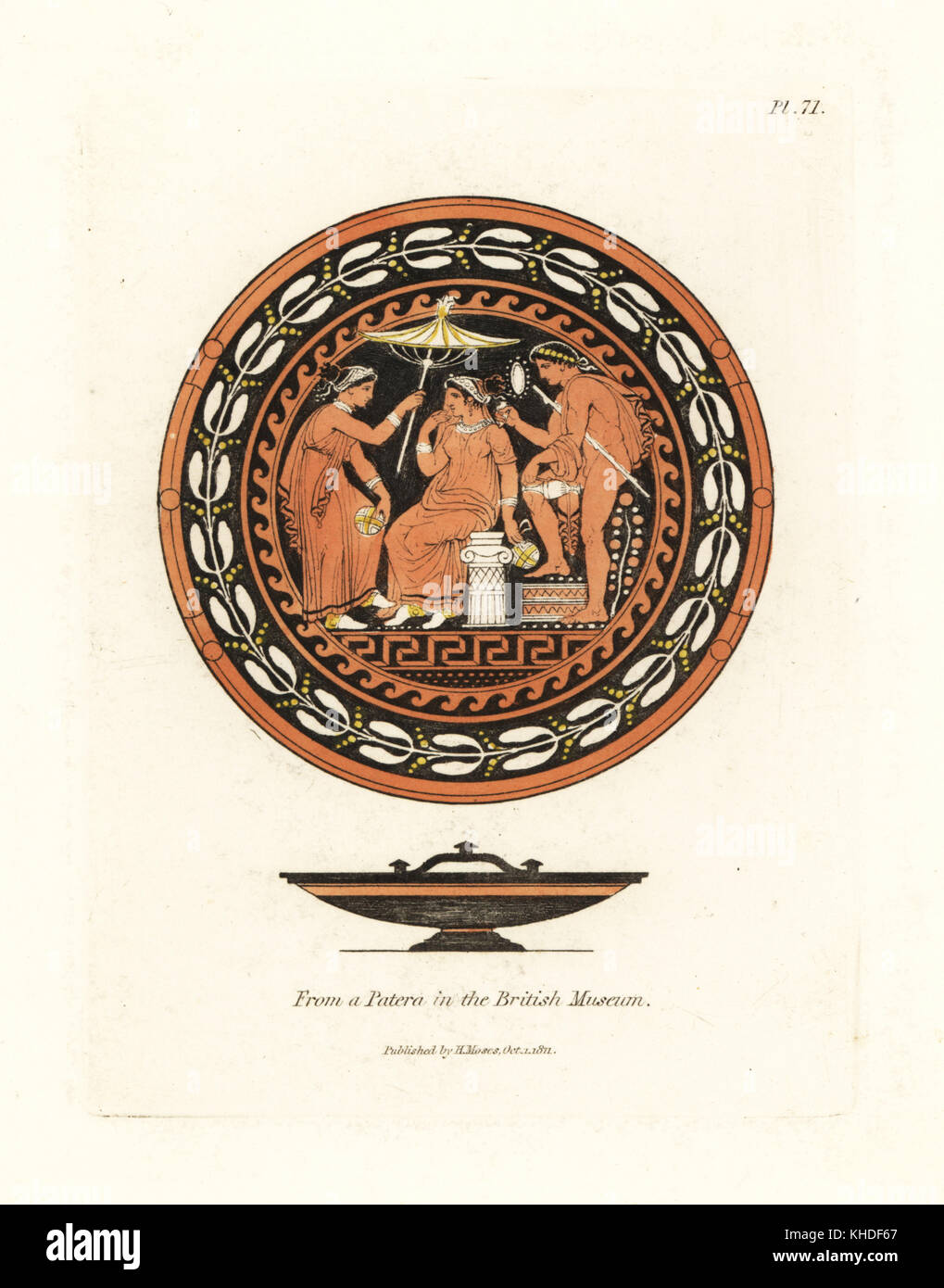 Patera in the British Museum. Shallow ceramic dish with mythological or historical figures with parasol and vase. Handcoloured copperplate engraving by Henry Moses from A Collection of Antique Vases, Altars, etc., London, 1814. Stock Photo