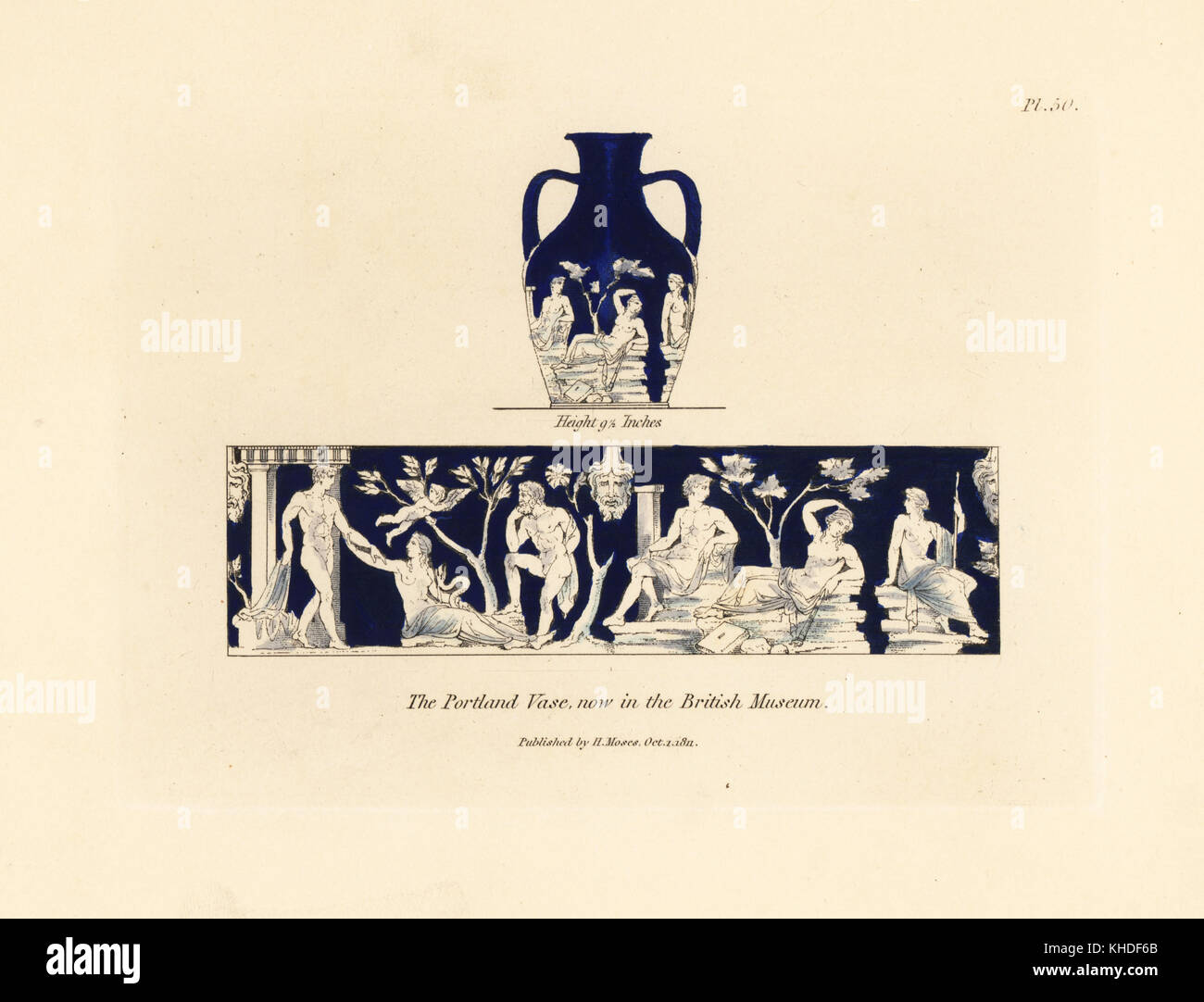Portland vase in the British Museum. Cameo vase in blue and white glass with historical or mythological figures. Handcoloured copperplate engraving by Henry Moses from A Collection of Antique Vases, Altars, etc., London, 1814. Stock Photo