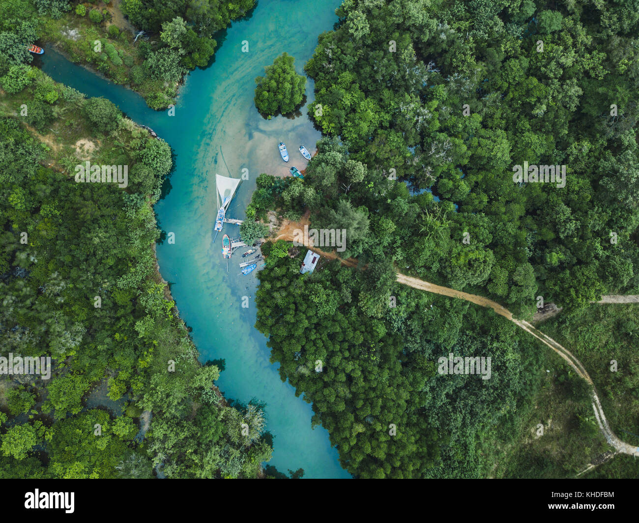 Thailand aerial landscape, drone view of river in green tropical forest, beautiful nature scenery of jungle wilderness Stock Photo