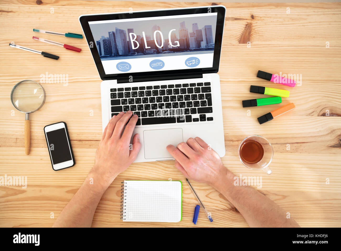 blog, hands writing on keyboard of computer, blogging concept Stock Photo