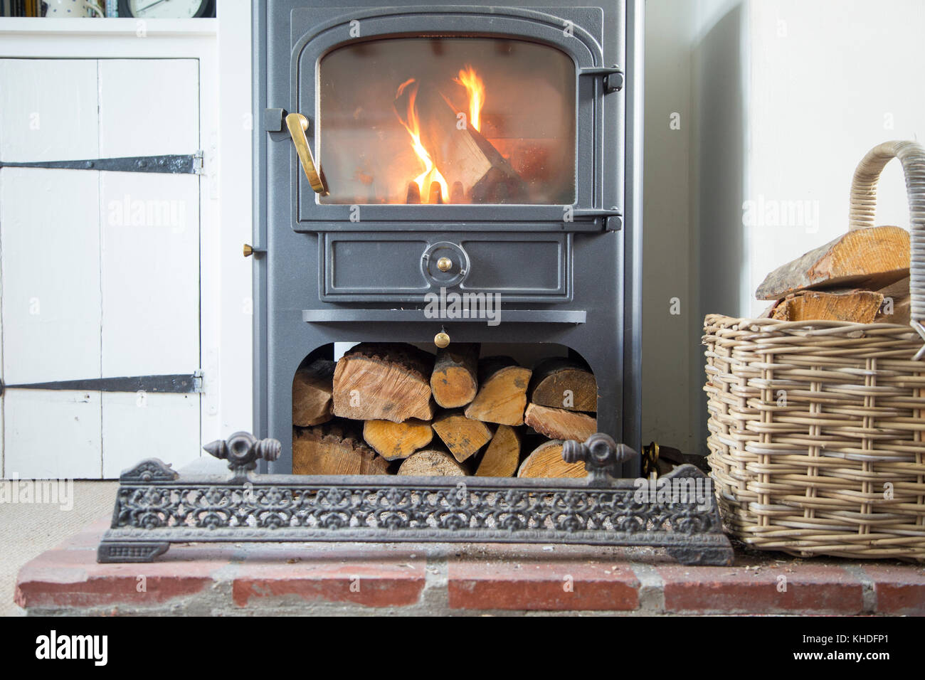 Warm fire flames logs burning in ClearView domestic multifuel stove