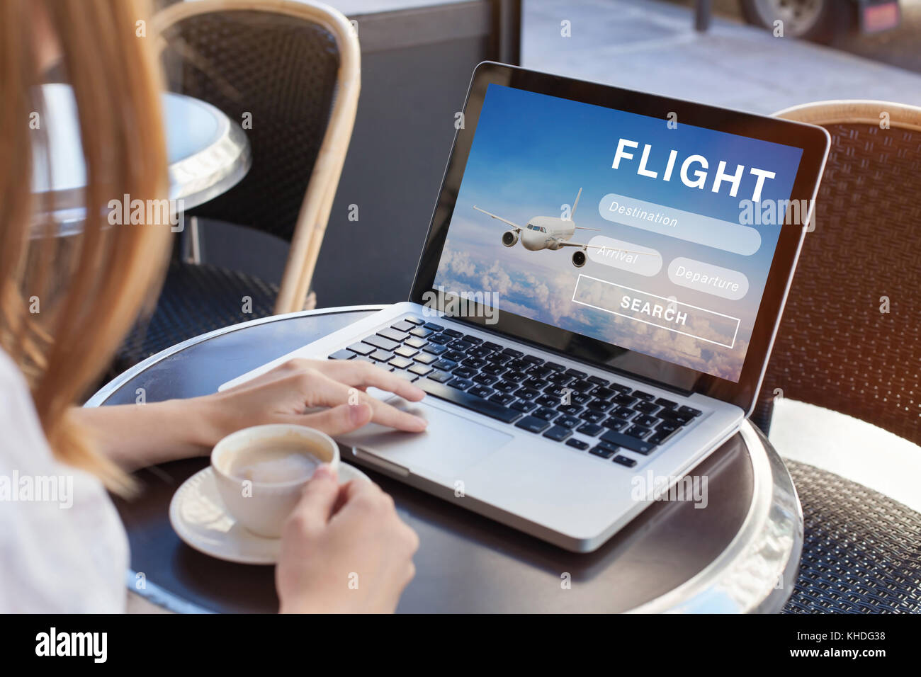 flight search on internet website, travel planning concept, airplane tickets online Stock Photo